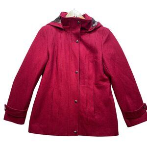 Calvin Klein Women's Wool Hooded Coat Medium Red Burgundy Full Zip Snap